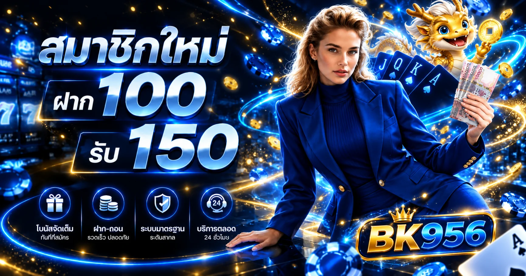 แบนเนอร์ข้อมูลโปรโมชั่นสมาชิกใหม่ BK956 โทนน้ำเงินทอง